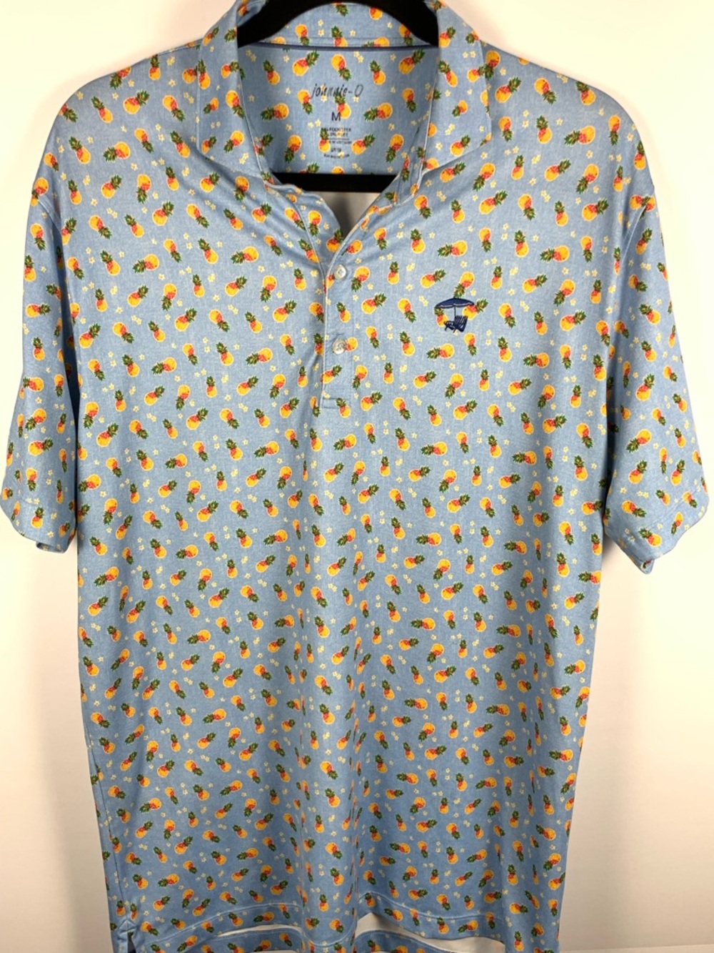 Johnnie-O Polo Shirt Mens M Blue Pineapple Print UPF 50 Golf Resor